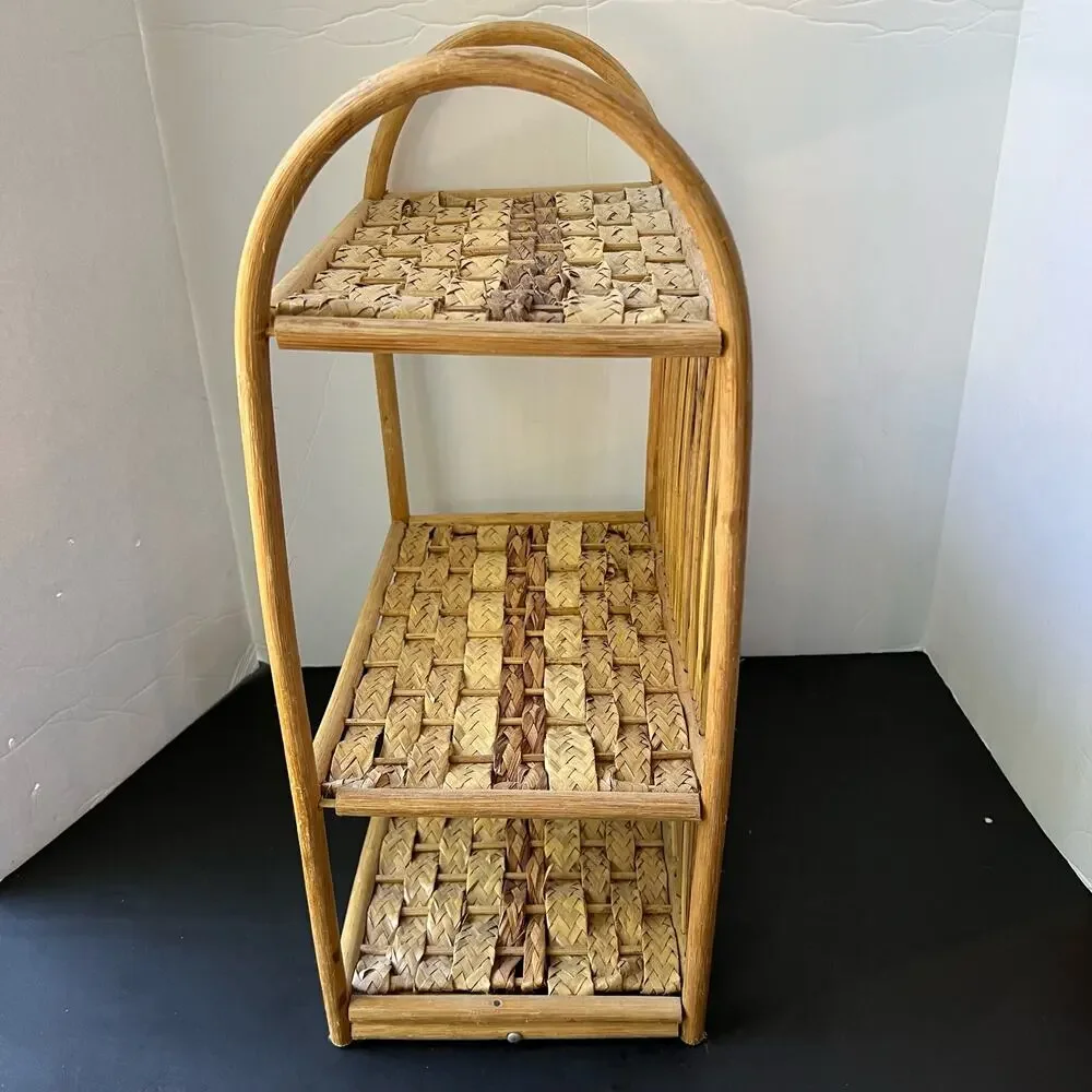 Vintage Wicker Rattan Wall Cabinet Shelf Hanging Bathroom Boho MCM Folding Towel